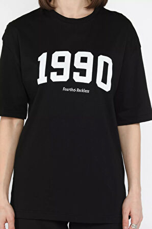 Kadın Ön Baskılı Oversize Bisiklet Yaka Tişört