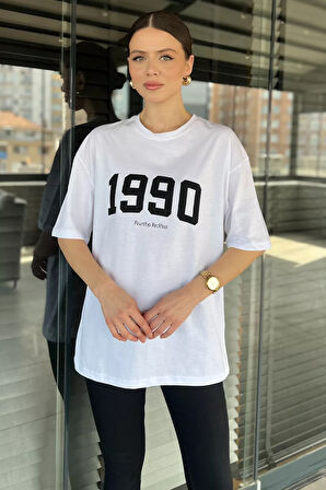 Kadın Ön Baskılı Oversize Bisiklet Yaka Tişört