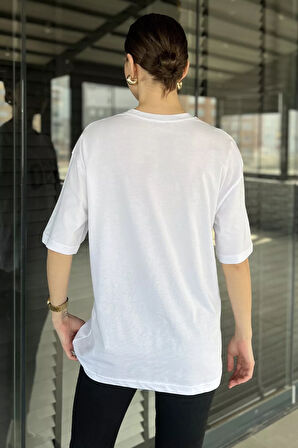 Kadın Ön Baskılı Oversize Bisiklet Yaka Tişört