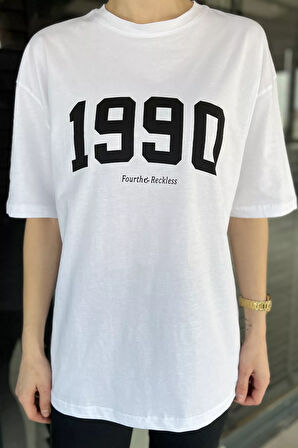 Kadın Ön Baskılı Oversize Bisiklet Yaka Tişört