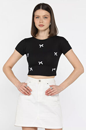 Kadın Bisiklet Yaka Fiyonklu Kaşkorse Crop Top Bluz