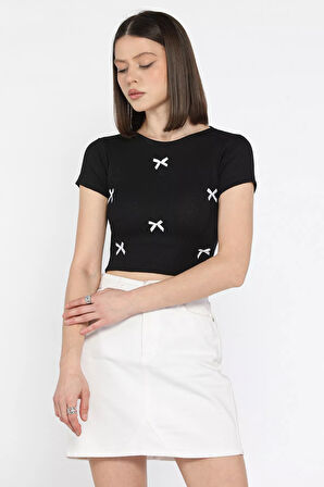 Kadın Bisiklet Yaka Fiyonklu Kaşkorse Crop Top Bluz