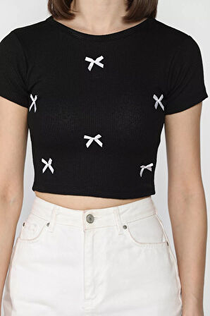 Kadın Bisiklet Yaka Fiyonklu Kaşkorse Crop Top Bluz