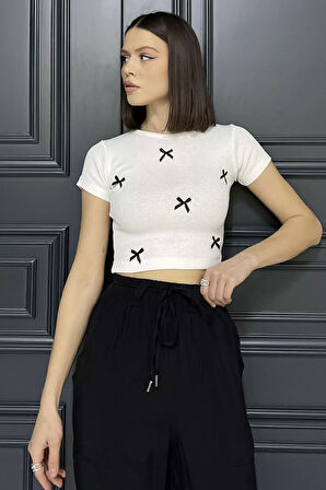 Kadın Bisiklet Yaka Fiyonklu Kaşkorse Crop Top Bluz