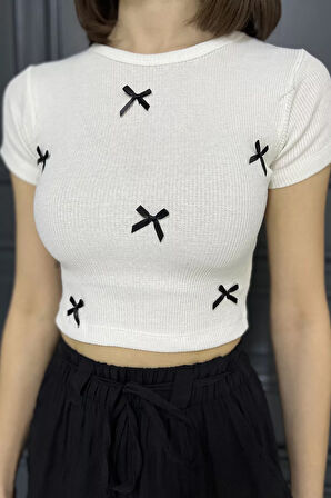 Kadın Bisiklet Yaka Fiyonklu Kaşkorse Crop Top Bluz