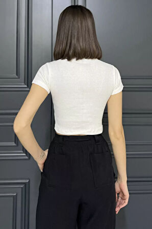 Kadın Bisiklet Yaka Fiyonklu Kaşkorse Crop Top Bluz