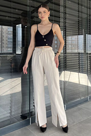 Bel Lastikli Yırtmaçlı Keten Pantolon