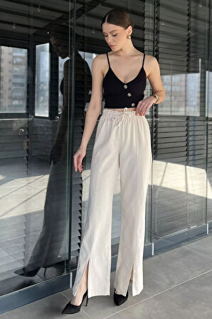 Bel Lastikli Yırtmaçlı Keten Pantolon