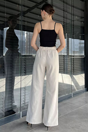 Bel Lastikli Yırtmaçlı Keten Pantolon