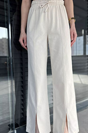 Bel Lastikli Yırtmaçlı Keten Pantolon