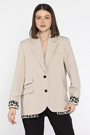 Kadın Astarlı Leopar Detaylı Oversize Blazer Ceket