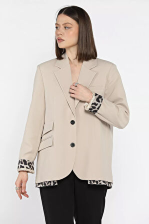 Kadın Astarlı Leopar Detaylı Oversize Blazer Ceket
