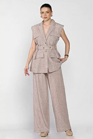 Kadın Bel Kuşaklı Yelek Pantolon İkili Takım