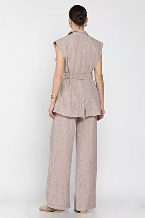 Kadın Bel Kuşaklı Yelek Pantolon İkili Takım