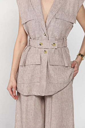 Kadın Bel Kuşaklı Yelek Pantolon İkili Takım