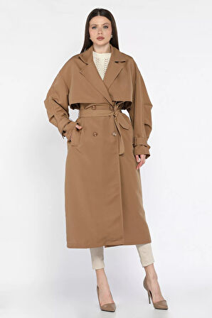 Kadın Bel Kuşaklı Yırtmaçlı Oversize Trençkot