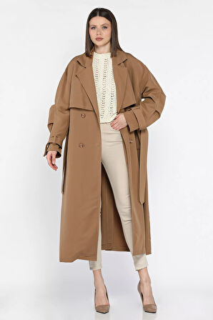 Kadın Bel Kuşaklı Yırtmaçlı Oversize Trençkot