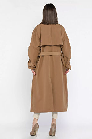 Kadın Bel Kuşaklı Yırtmaçlı Oversize Trençkot