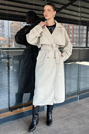 Kadın Bel Kuşaklı Yırtmaçlı Oversize Trençkot