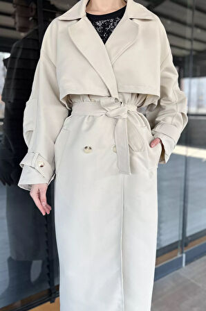 Kadın Bel Kuşaklı Yırtmaçlı Oversize Trençkot