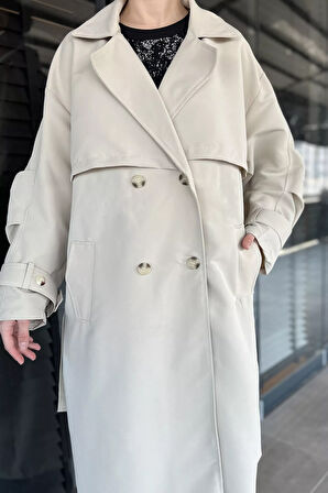 Kadın Bel Kuşaklı Yırtmaçlı Oversize Trençkot