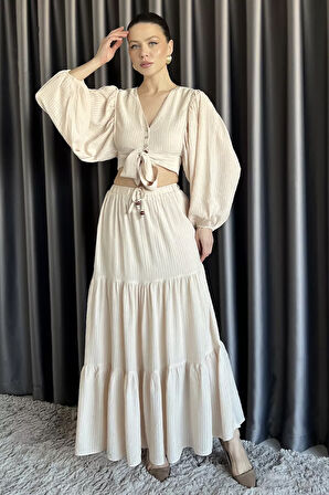 Kadın Balon Kol Ön Bağlamalı Bluz Etek İkili Takım