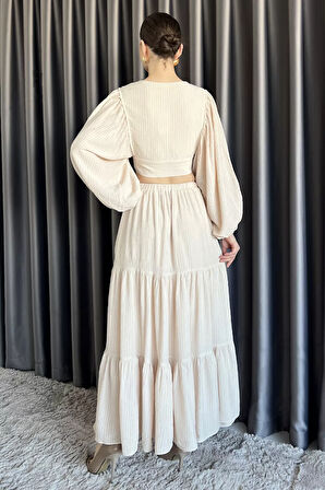 Kadın Balon Kol Ön Bağlamalı Bluz Etek İkili Takım