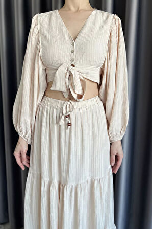 Kadın Balon Kol Ön Bağlamalı Bluz Etek İkili Takım