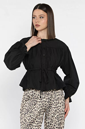 Bel Bağlamalı Kol Lastikli Kadın Bisiklet Yaka Gömlek