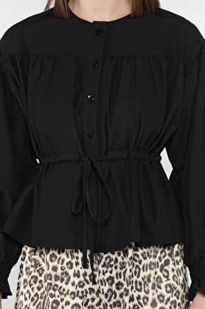 Bel Bağlamalı Kol Lastikli Kadın Bisiklet Yaka Gömlek