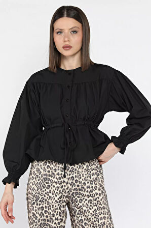 Bel Bağlamalı Kol Lastikli Kadın Bisiklet Yaka Gömlek