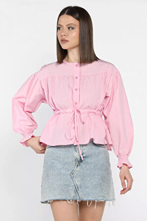 Bel Bağlamalı Kol Lastikli Kadın Bisiklet Yaka Gömlek