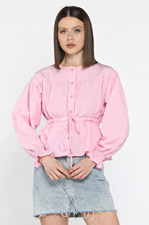 Bel Bağlamalı Kol Lastikli Kadın Bisiklet Yaka Gömlek