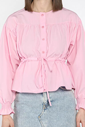 Bel Bağlamalı Kol Lastikli Kadın Bisiklet Yaka Gömlek