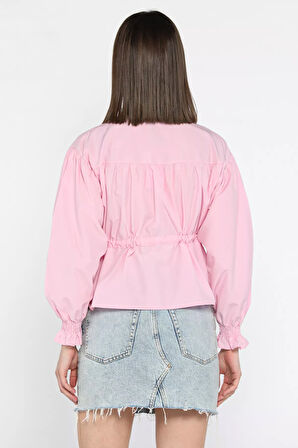 Bel Bağlamalı Kol Lastikli Kadın Bisiklet Yaka Gömlek