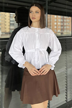 Bel Bağlamalı Kol Lastikli Kadın Bisiklet Yaka Gömlek
