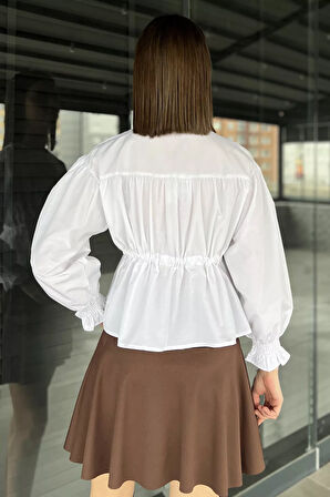 Bel Bağlamalı Kol Lastikli Kadın Bisiklet Yaka Gömlek