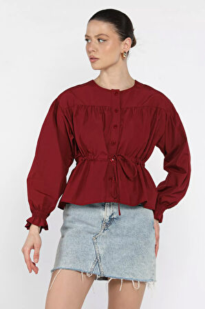 Bel Bağlamalı Kol Lastikli Kadın Bisiklet Yaka Gömlek