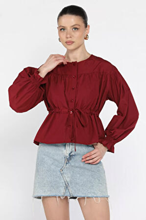 Bel Bağlamalı Kol Lastikli Kadın Bisiklet Yaka Gömlek