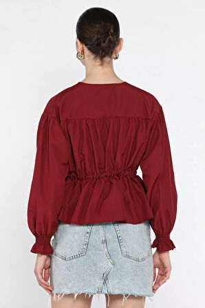 Bel Bağlamalı Kol Lastikli Kadın Bisiklet Yaka Gömlek