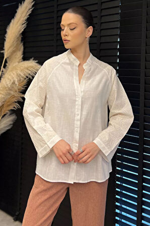 Kadın Dantel İşlemeli Keten Gömlek