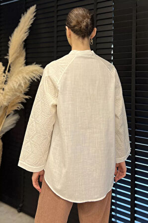 Kadın Dantel İşlemeli Keten Gömlek