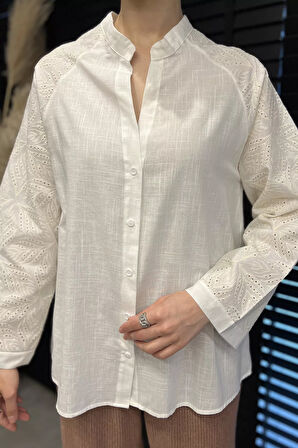 Kadın Dantel İşlemeli Keten Gömlek