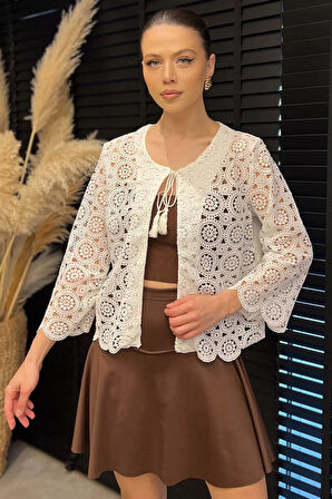 Yaka Bağlamalı Dantel İşlemeli Kadın Keten Hırka