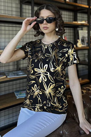 Kadın Bisiklet Yaka Varak Baskılı Tişört