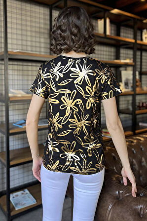 Kadın Bisiklet Yaka Varak Baskılı Tişört