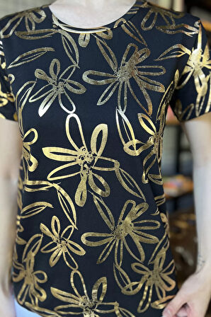 Kadın Bisiklet Yaka Varak Baskılı Tişört