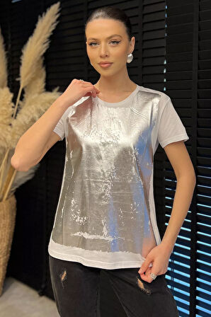 Ön Varak Baskılı Bisiklet Yaka Kadın Tişört