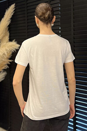 Ön Varak Baskılı Bisiklet Yaka Kadın Tişört