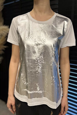 Ön Varak Baskılı Bisiklet Yaka Kadın Tişört